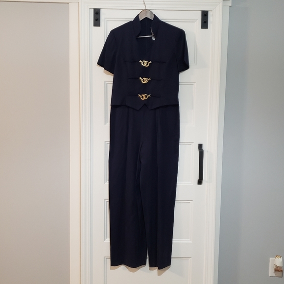 Retro Scarlett 1 Piece Jumpsuit Wide Leg Pleat Front Womens 7/8 Navy Gold - Picture 1 of 10